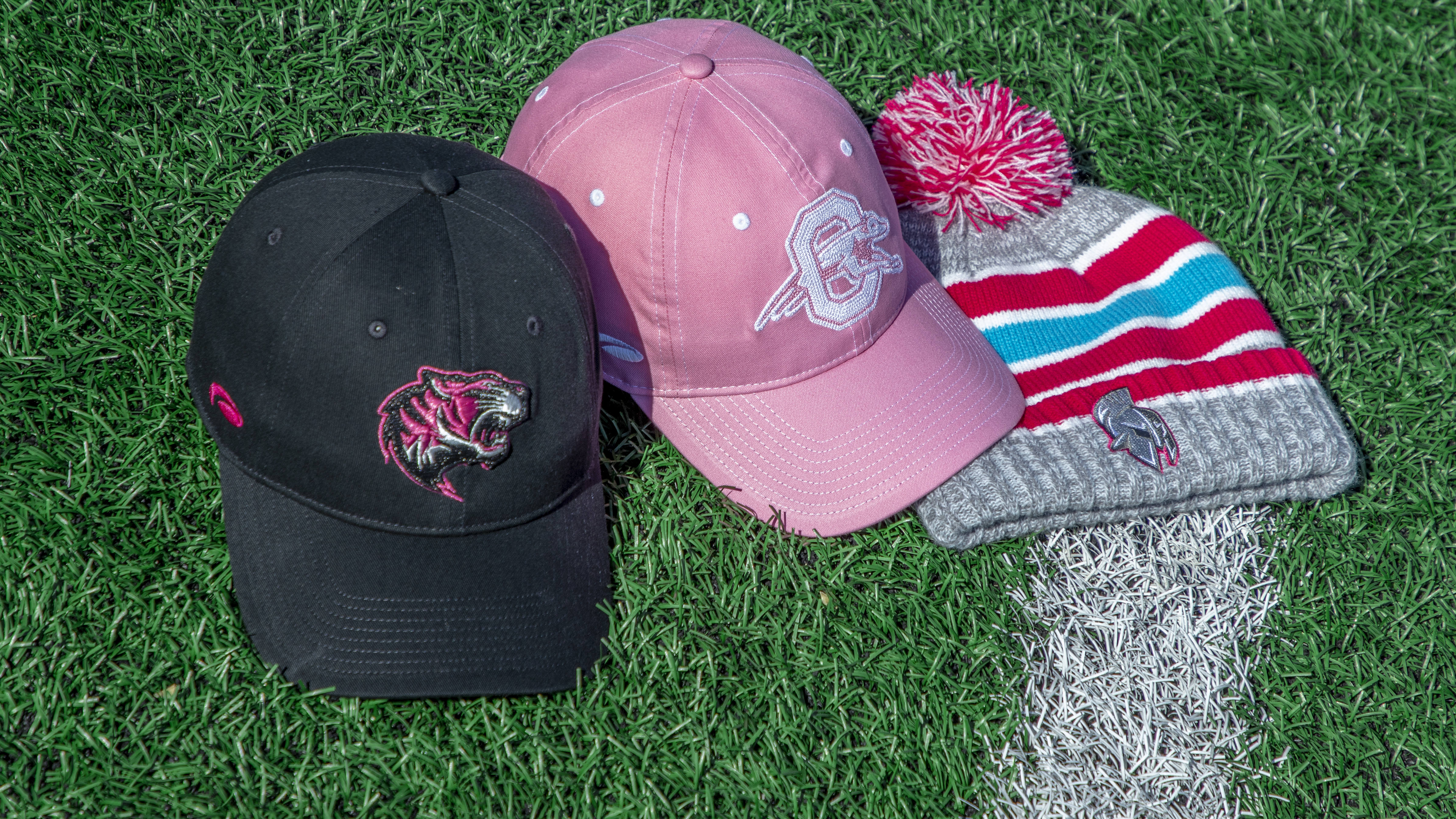 Ladies hats sitting grass field