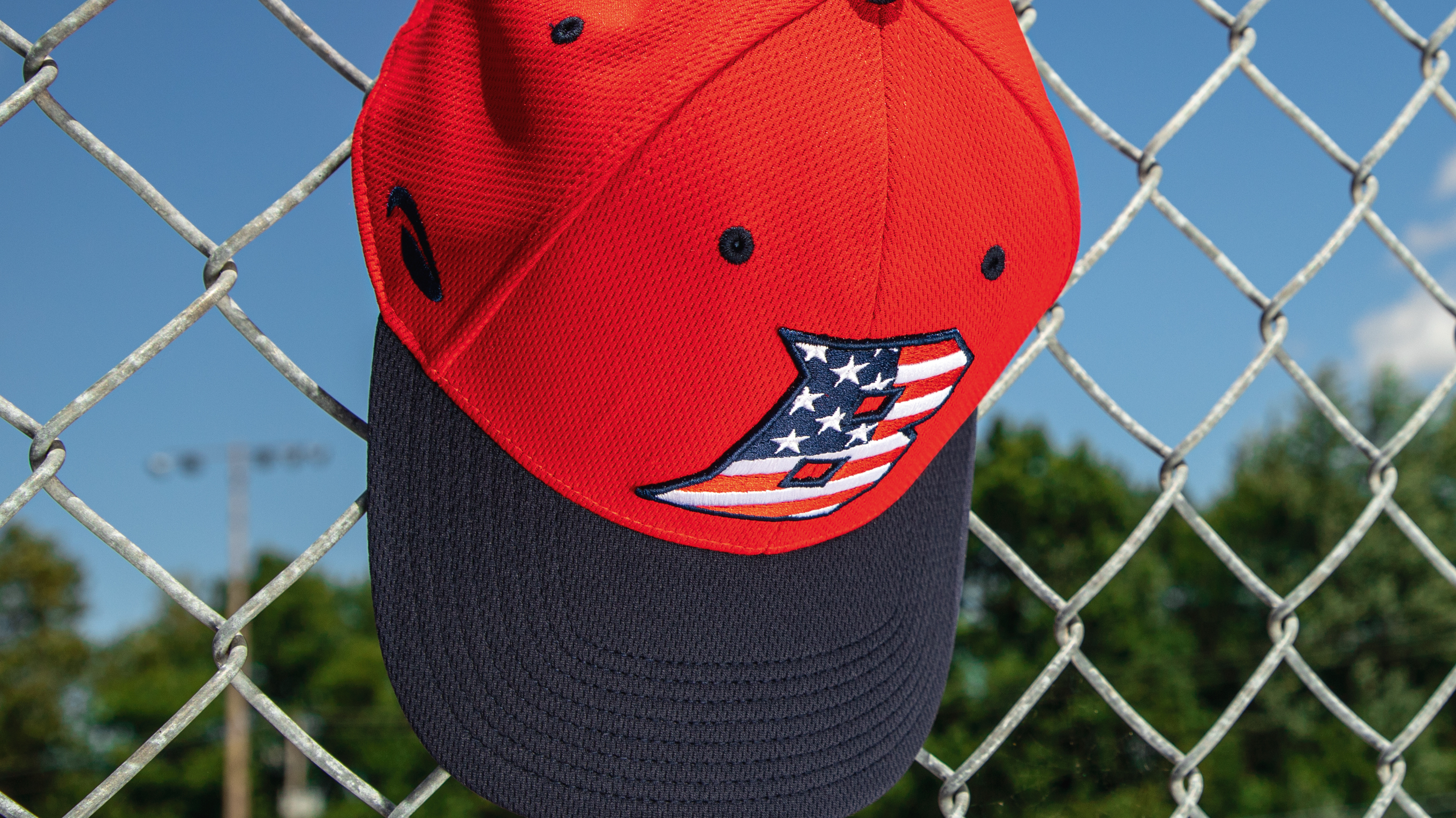 Youth Baseball hat hanging on dugout fence