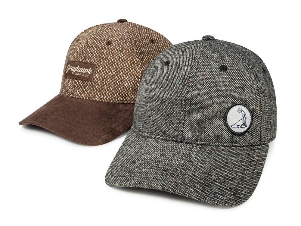 Pair of golf hats with tweed specialty fabric