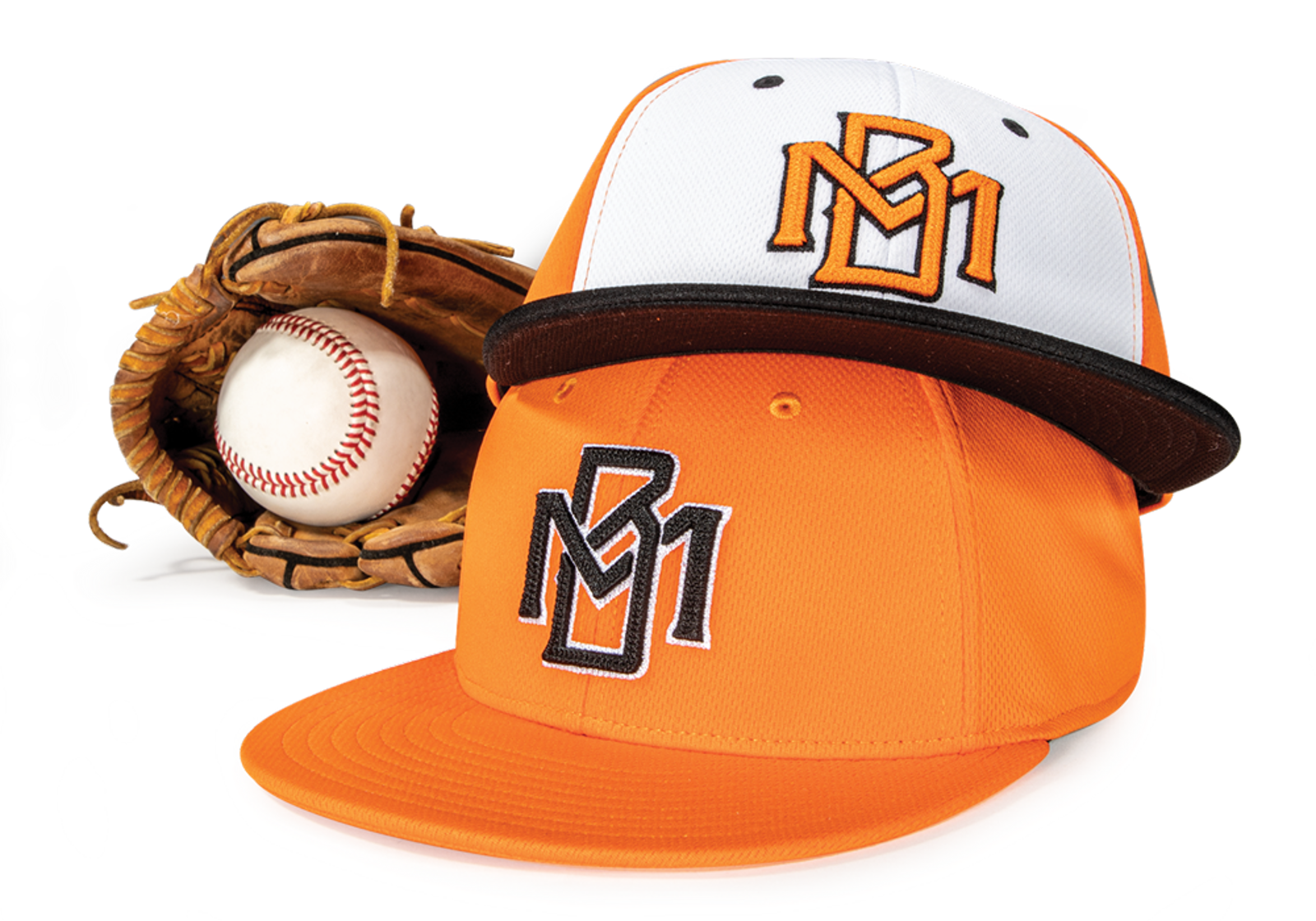 A stack of Baseball hats next to a mitt