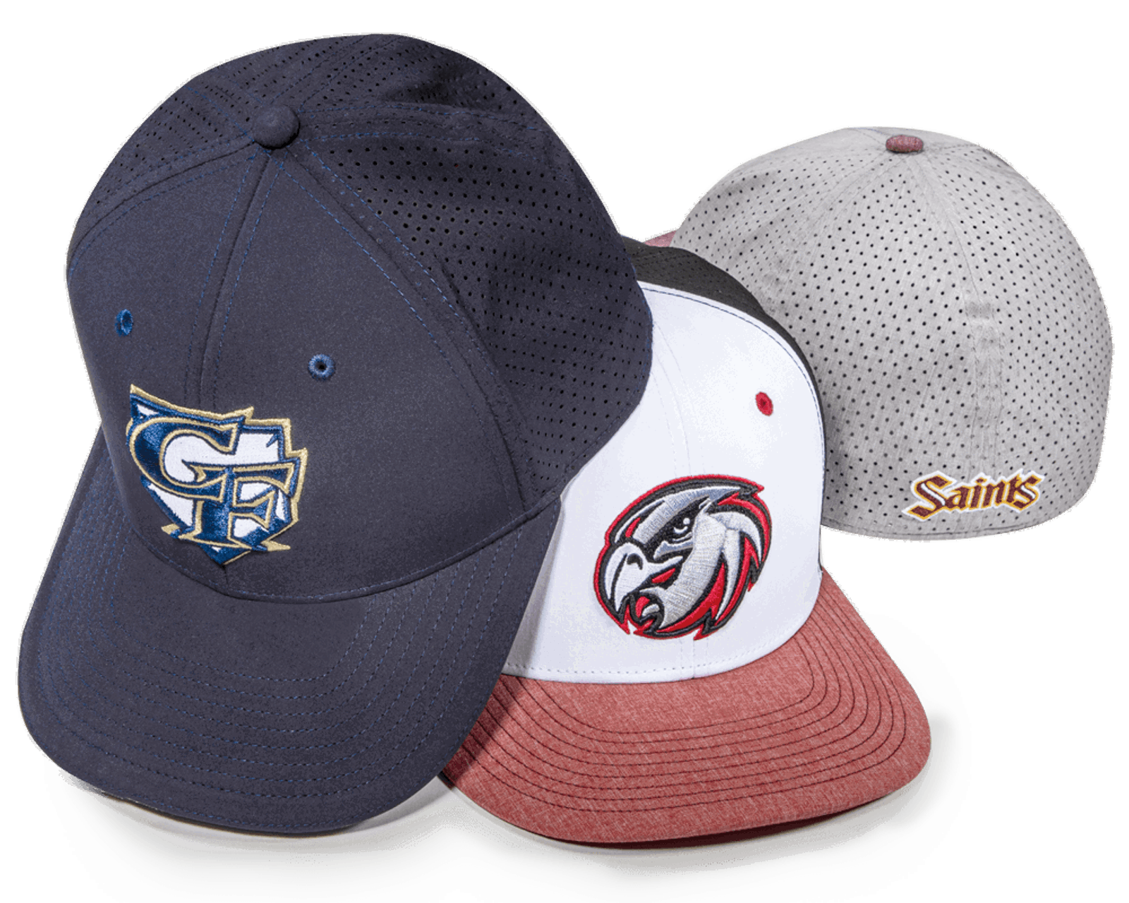 A group of Perforated TriTech baseball hats