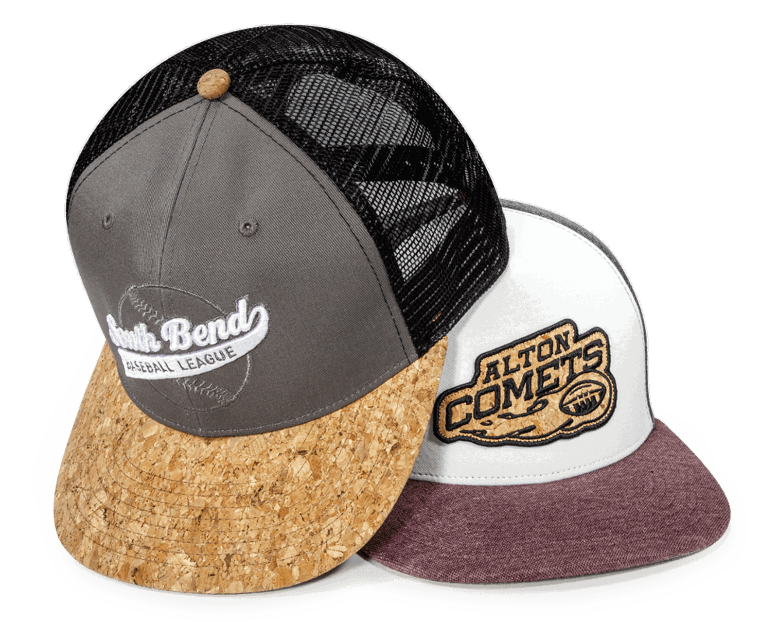 Group of Team hats with Cork Specialty Fabric