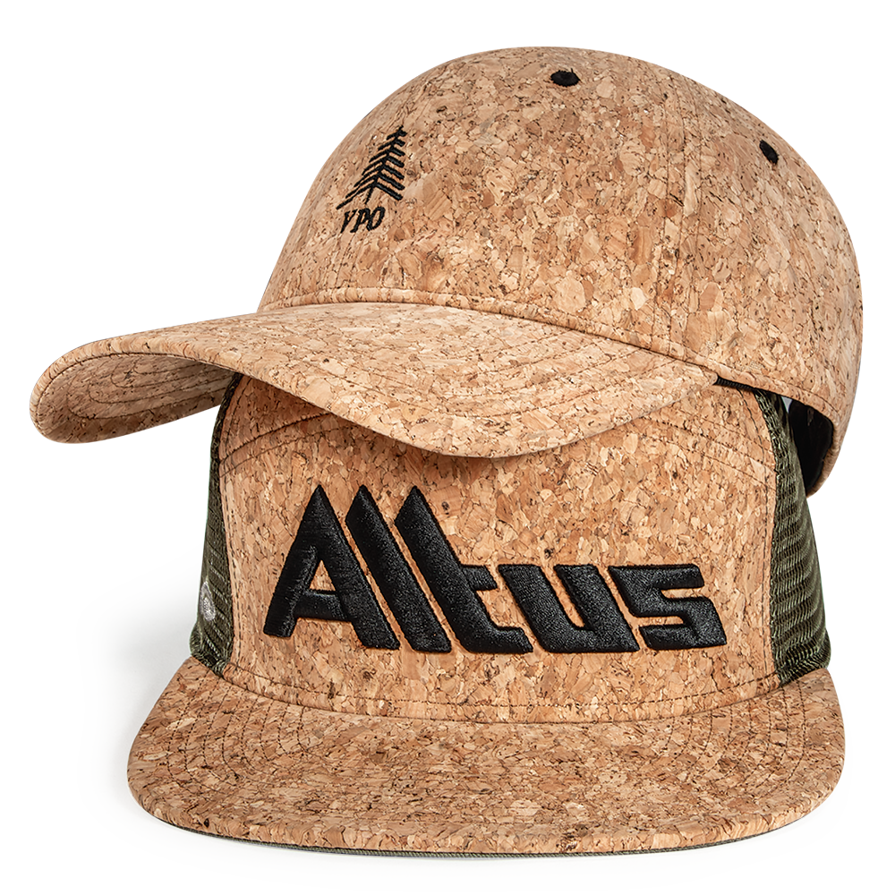 A Cork all-over hat and Tradesman hat with cork front panels and visor