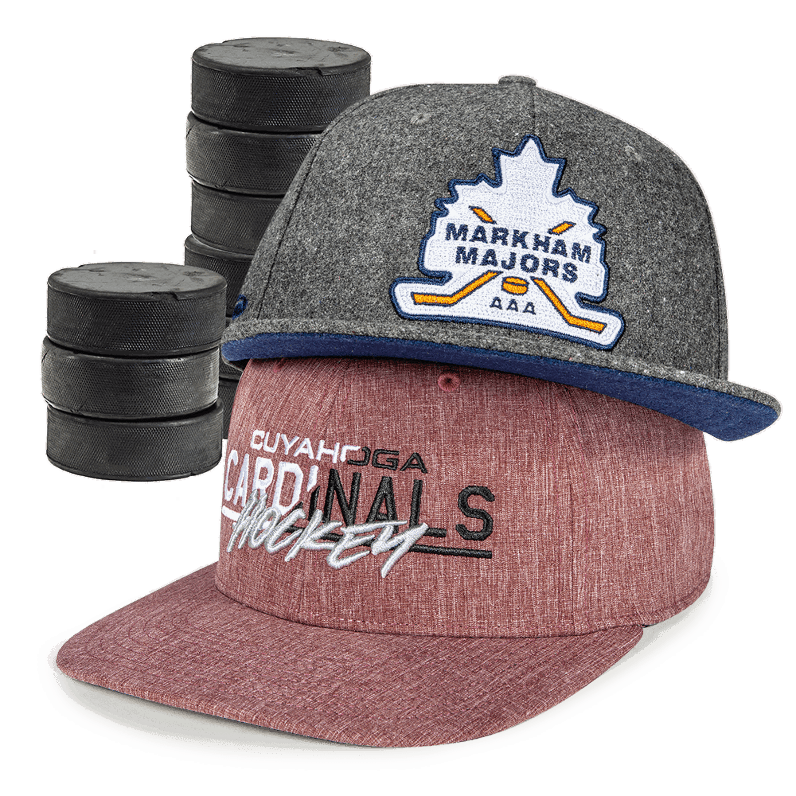 A stack of custom hockey hats from Pukka
