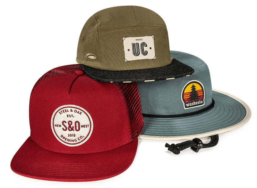 A pyramid of organic canvas hats stacked together
