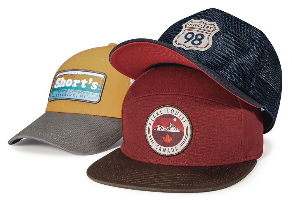 A group of hats showcasing Embroidery on Woven Labels