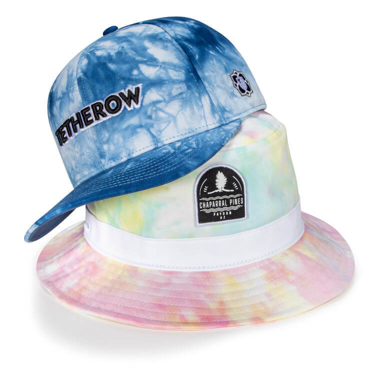 Pair of Custom Golf Hats featuring Tie-Dye Specialty Fabric