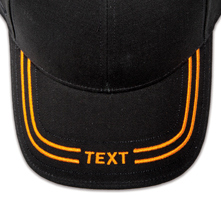 Pukka hat, visor stitching, 4 rows, 2 thick satin stitch with center text, 1 color