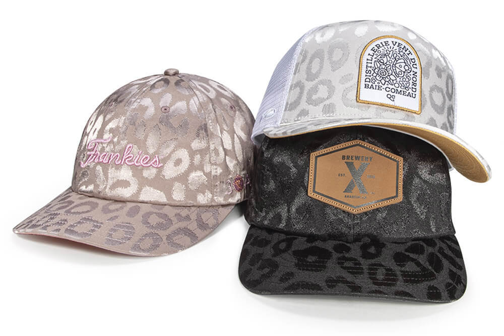 Custom Headwear Featuring New Leopard Specialty Fabric